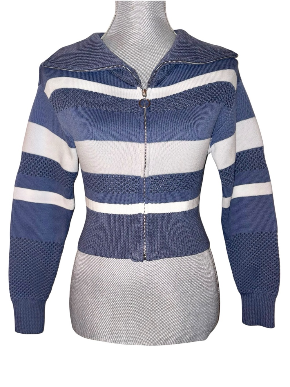 SO Blue & White Striped Zip Up Sweater with Statement Collar